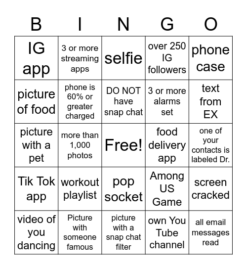 Cellphone Bingo Card
