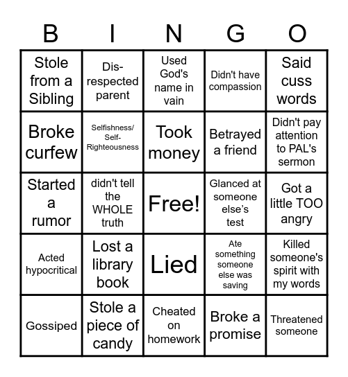 Confession Bingo Card