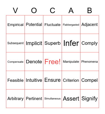 Tier 2 Vocabulary: Words of the Day Bingo Card