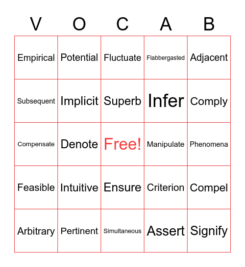 Tier 2 Vocabulary: Words of the Day Bingo Card