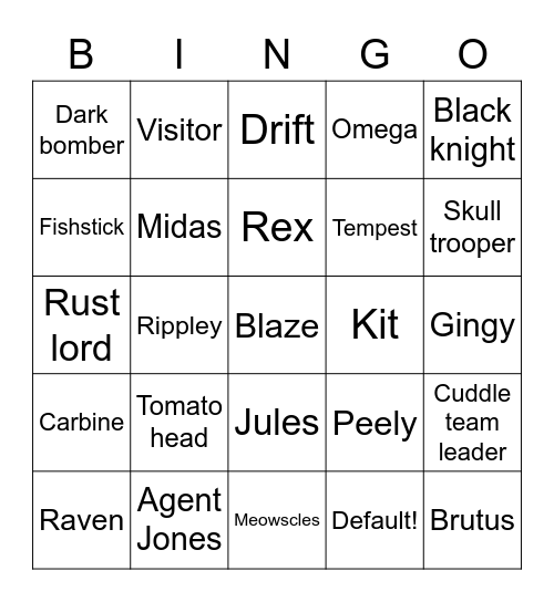 Fortnite skins Bingo Card