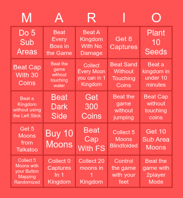 Super Mario Odyssey 1v1 Challange Bingo Card