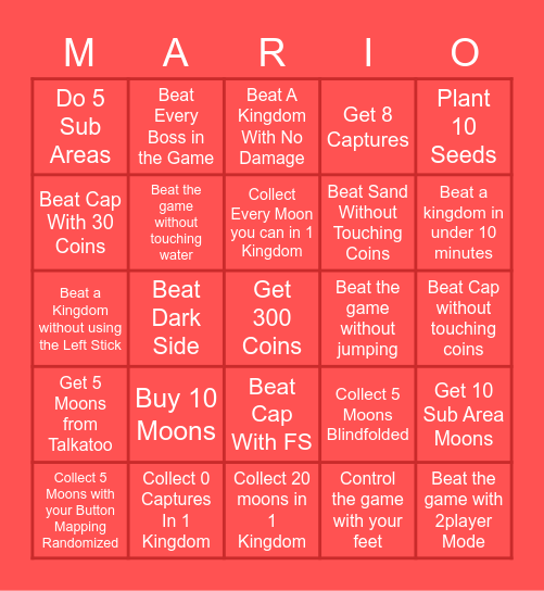 Super Mario Odyssey 1v1 Challange Bingo Card