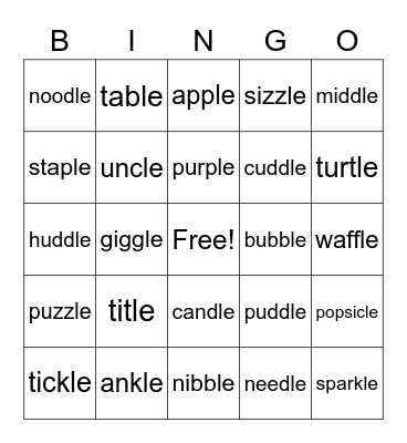 BINGO with consonant-le ending Bingo Card