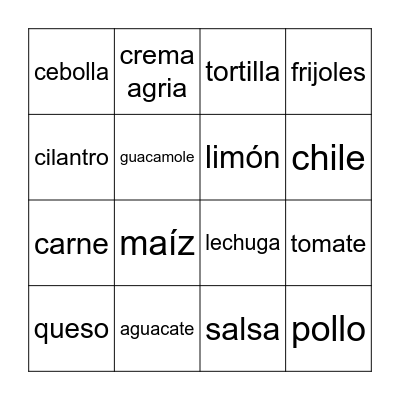 CINCO DE MAYO - INGREDIENTES PARA TACOS Bingo Card