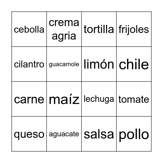 CINCO DE MAYO - INGREDIENTES PARA TACOS Bingo Card