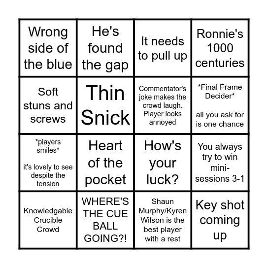 BBC Snooker Commentator Bingo Card