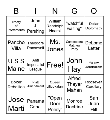 Spanish American War Bingo Card