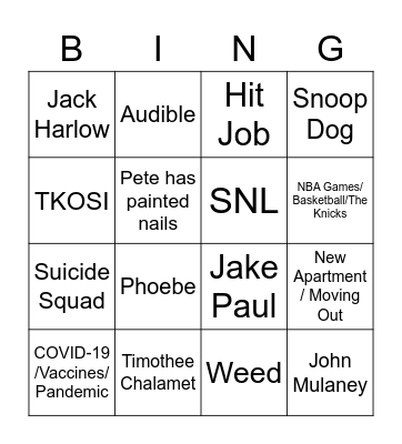 Pete Davidson on Seth Meyers 5/4/2021 Bingo Card