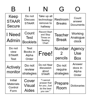 Super STAAR Staff Training Bingo Card