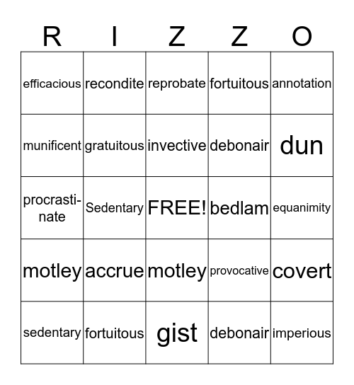 English 2A. Vocabulary #10 Bingo Card