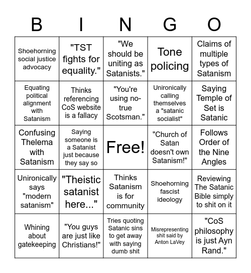 Pseudo-Satanist Bingo Card