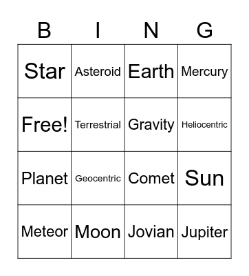 Solar System Bingo Card