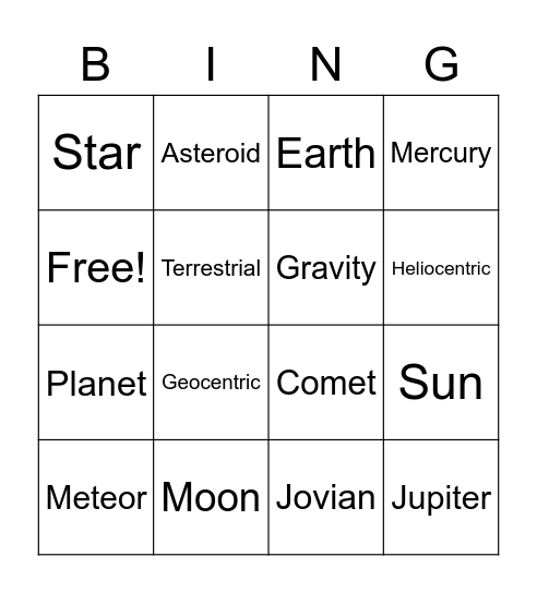 Solar System Bingo Card