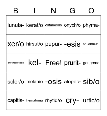 Integumentary System Bingo Card