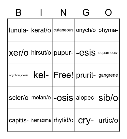 Integumentary System Bingo Card