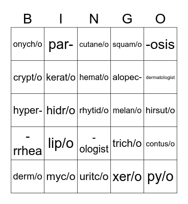 Integumentary System Bingo Card