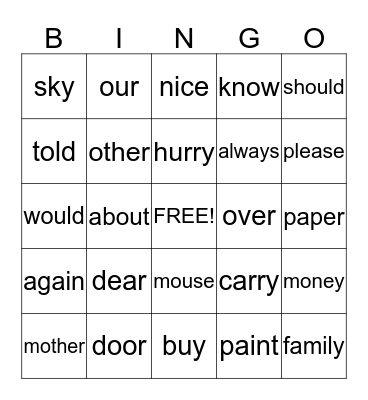 Lesson 19 High Frequency  Bingo Card
