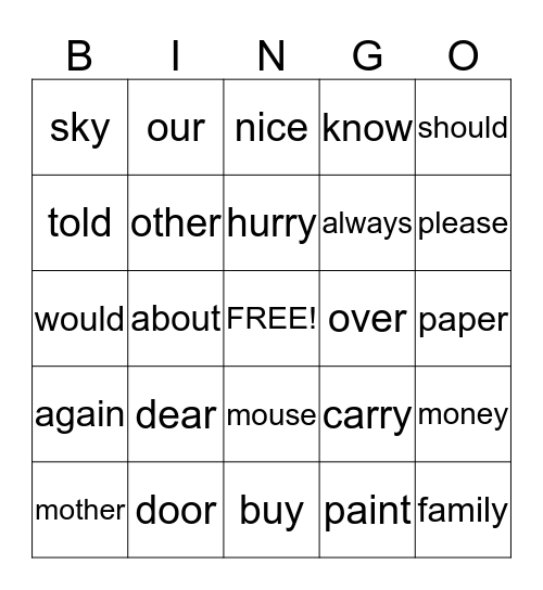 Lesson 19 High Frequency  Bingo Card