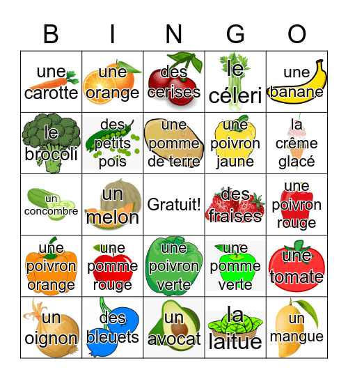 Les Fruits et Les Légumes Bingo Card