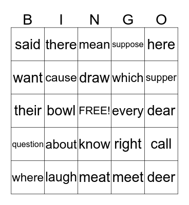 Dolch sight words Bingo Card