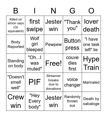 Among us Couve one and co Bingo Card