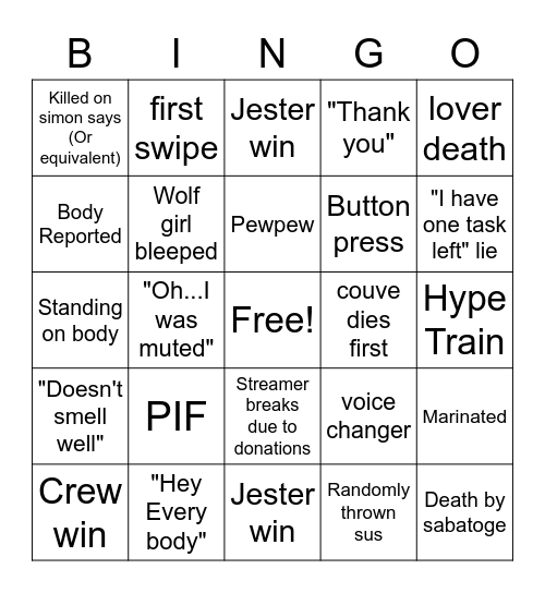 Among us Couve one and co Bingo Card