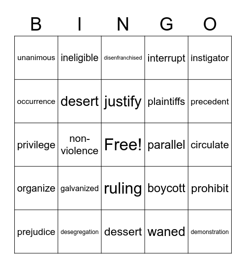 5C Vocabulary Bingo Card