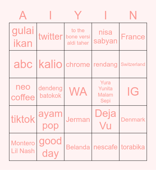 bismillah bingo Card