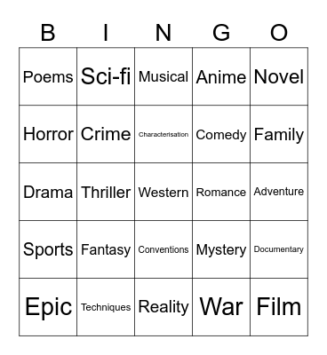 Genre Bingo Card