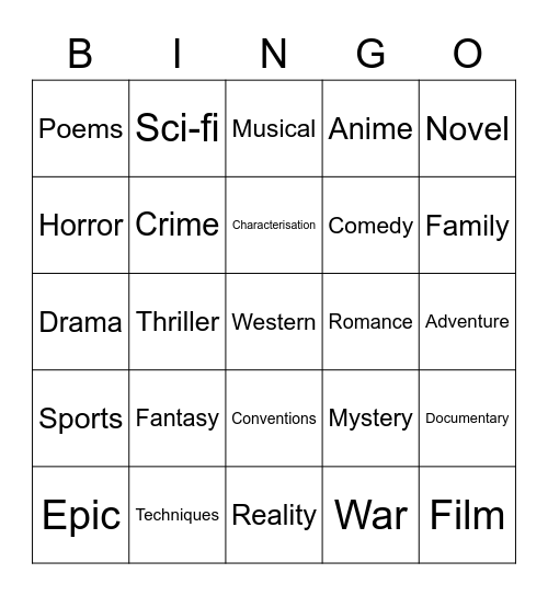 Genre Bingo Card