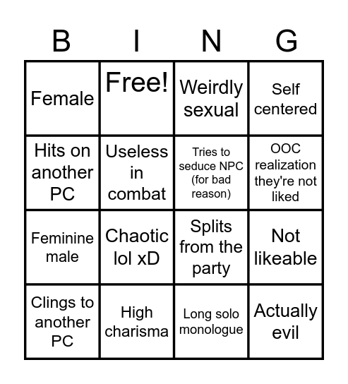 Pluvio's Characters Bingo Card