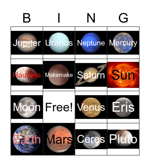 Planets Bingo Card