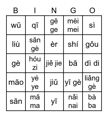 Chinese Vocab: Family and Numbers Bingo Card