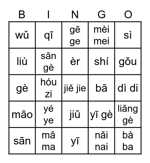 Chinese Vocab: Family and Numbers Bingo Card