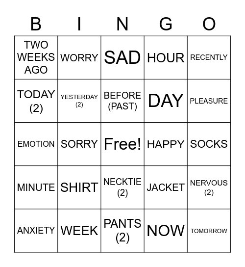 ASLdeafined.com (Time-1 / Emotions / Clothing) Bingo Card