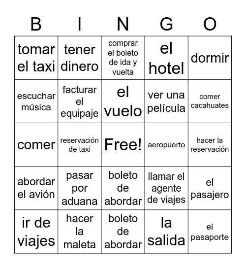 Spanish 1- Vamos de Viajes Bingo Card