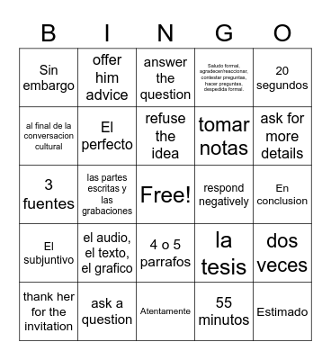 AP Spanish- Repaso Bingo Card