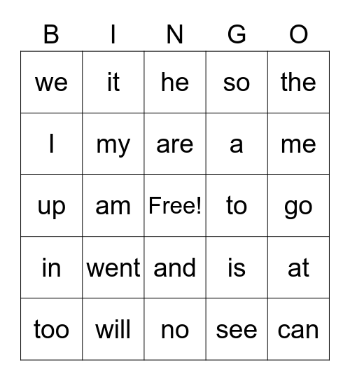 sight word bingo Card