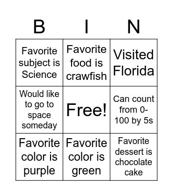 Find a Classmate! Bingo Card