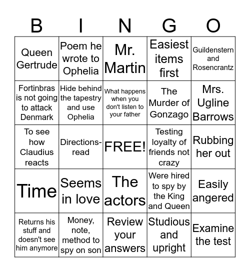 Hamlet  Act 2 Review Bingo Card