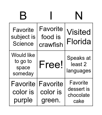 Find a Classmate! Bingo Card