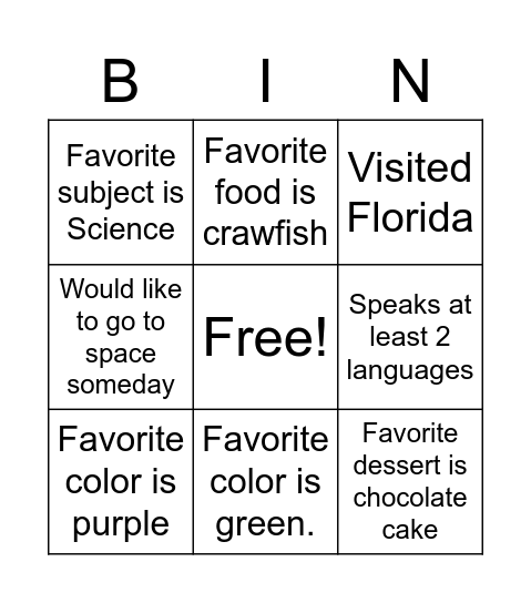 Find a Classmate! Bingo Card