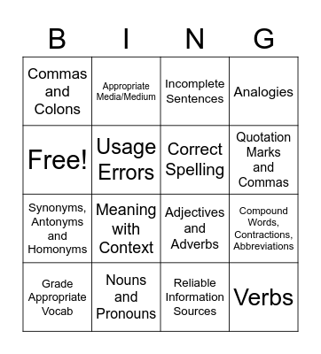 Grammar Games Bingo Card