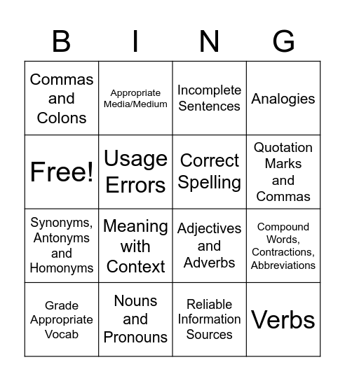 Grammar Games Bingo Card