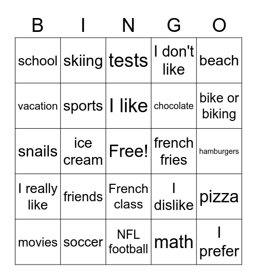 Likes and Dislikes Gr. 4 Bingo Card