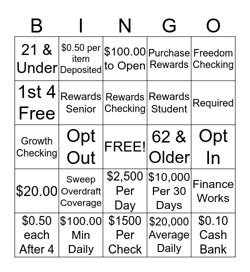 Personal Banker Product Bingo Card