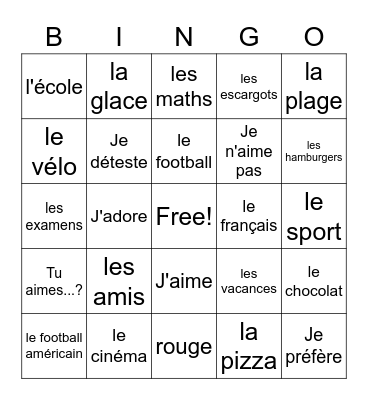 Likes and Dislikes Français Bingo Card