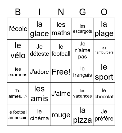 Likes and Dislikes Français Bingo Card
