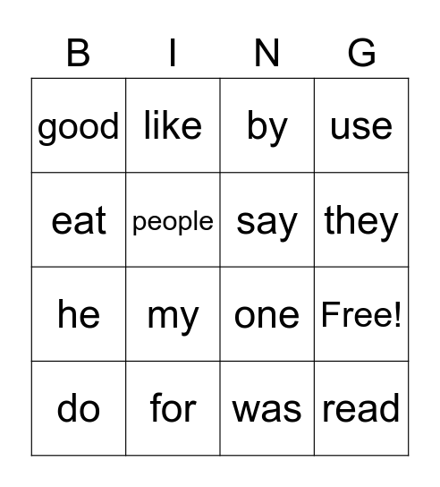 Words to Know Bingo Card
